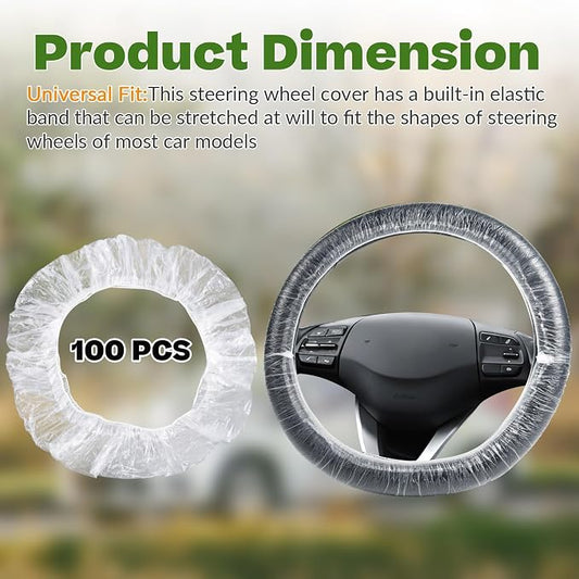 100Pcs Disposable Car Steering Wheel Covers, Universal Plastic Steering Wheel Protector with Elastic, Automotive Interior Protection Accessories for Most Vehicle Models
