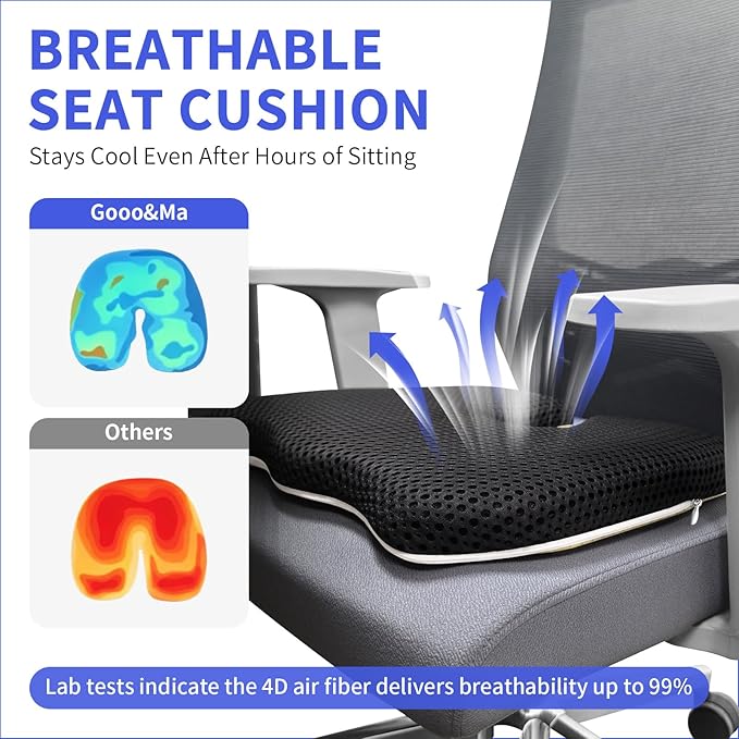 Gooo&Ma Car Seat Cushion & Office Chair Pad - Air Fiber Breathable U-Shape Cooling Cushion for Tailbone Comfort, Driving, Desk & Gaming, Ergonomic Washable Seat Pad with Non-Slip Base(Black)