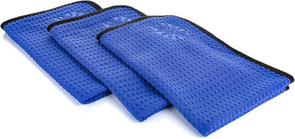 The Rag Company Dry Me A River, Professional Korean 70/30 Blend Microfiber Waffle-Weave Drying & Detailing Towels, Soft Suede Edges, 390 GSM, 16x24 Inches, Royal Blue, 3-Pack