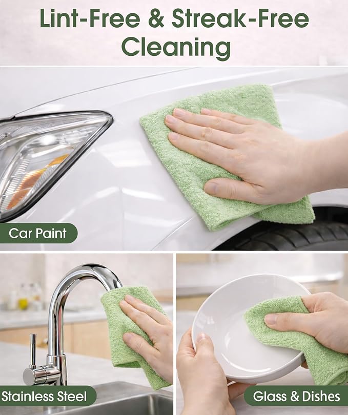 Microfiber Cleaning Cloth Roll - 100 Pack Tear Away Microfiber Paper Towels, Reusable, Washable, Scratch-Free, Kitchen Towels for Car, Home, Kitchen, Glass, Dishes(Bean Green)