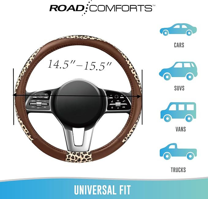 Road Comforts Steering Wheel Cover - Made with PVC Leather and Leopard Fabric - Universal 14 1/2 inches to 15 inches for Most Automotive Steering Wheel - Cheetah Print - Brown