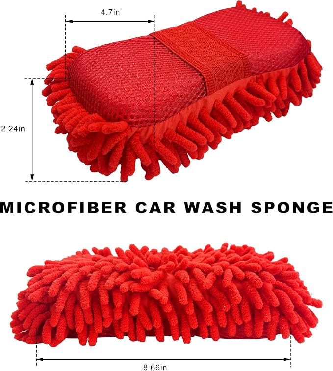 Microfiber Car Wash Sponge, Scratch-Free Vehicle Washing Mitt with Chenille & Mesh Sides, Highly Absorbent Sponge Lint-Free Cleaning Tool for Car Washing & Detailing (Red)