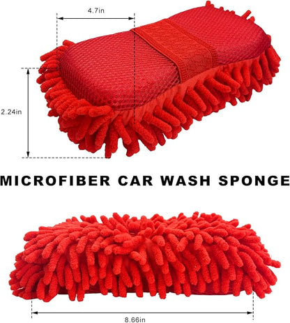 Microfiber Car Wash Sponge, Scratch-Free Vehicle Washing Mitt with Chenille & Mesh Sides, Highly Absorbent Sponge Lint-Free Cleaning Tool for Car Washing & Detailing (Red)
