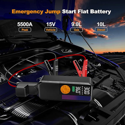 Jump Starter with Air Compressor,5500A Portable Car Battery Booster(All Gas & 10L Diesel) with 150PSI Cordless Auto Tire Inflator,15V Portable Car Battery Jump Starter Box with LCD Display LED Light