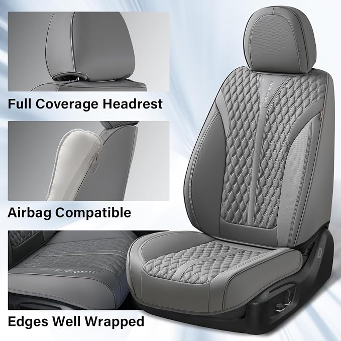 Coverado Front Seat Covers, Luxury Nappa Leather Seat Covers, Car Seat Covers Waterproof, 2 Pack Universal Seat Covers for Cars, Car Seat Protector, Driver Seat Cover Fit for Most Cars, Gray
