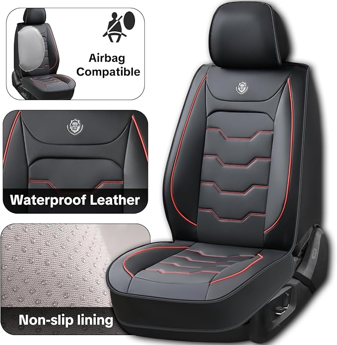 Car Seat Cover Full Set Sets, Universal Car Seat Covers for Cars, Premium Waterproof Leather, Protect & Upgrade Car Interior, Compatible with Airbags, Easy to Install & Clean Up