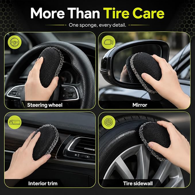 2 Pcs Tire Shine Applicator Sponges, Microfiber Tire Brightener Applicator Pad, Reusable Tires Dressing Applicators Pad, Contoured Tires Sponge for Car Detailing Cleaning Rubber Vinyl Plastic Trim