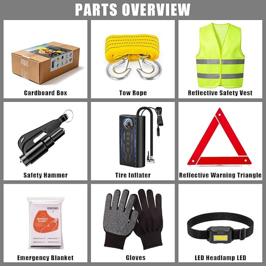 Car Roadside Emergency Kit Automotive Car Safety Kits for Vehicles Women Men Teen Driver Must Haves Black