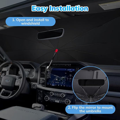 [2025 Latest] SEPORUD Car Windshield Sunshade Umbrella - Double-Layer Design, 5 Layers UV Block Coating. Blocks up to 99% UV, Reduces Heat. Durable Structure, Glass Fiber Material（61 "x33