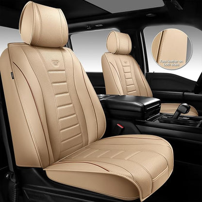 CAR PASS Nappa Leather Seat Covers, Universal FIT Piping Leather Car Seat Cover Full Set for Cars,SUV,Truck 3D Foam Waterproof Luxury Seat Covers 5 Seats, Comfort Durable Airbag Compatible Beige