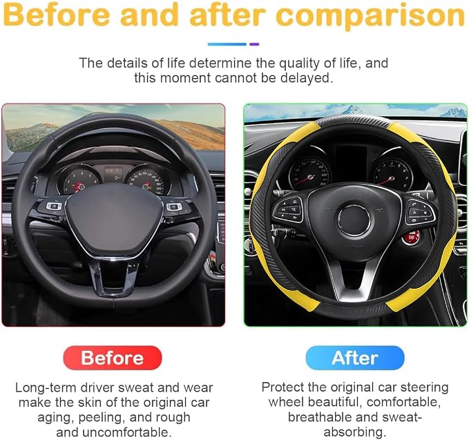 Osilly Car Steering Wheel Cover, 15 inch Carbon Fiber Microfiber PU Leather Elastic Steering Wheel Protector for Men Women, Anti-Slip Breathable Car Interior Accessories for Most Cars (Yellow)