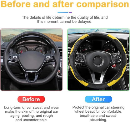 Osilly Car Steering Wheel Cover, 15 inch Carbon Fiber Microfiber PU Leather Elastic Steering Wheel Protector for Men Women, Anti-Slip Breathable Car Interior Accessories for Most Cars (Yellow)
