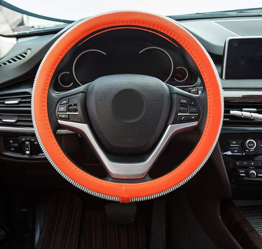 New Diamond Leather Steering Wheel Cover with Bling Bling Crystal Rhinestones, Universal Fit 15 Inch Car Wheel Protector for Women Girls Orange