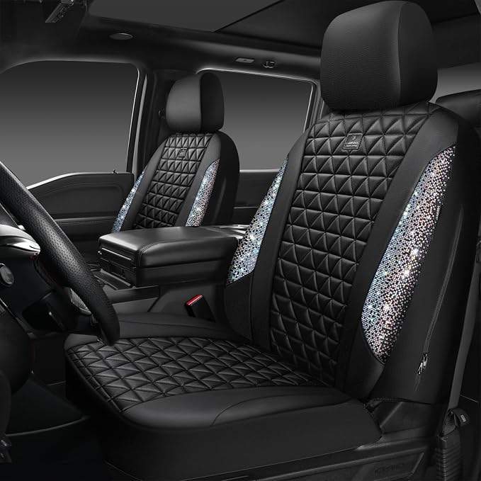 CAR PASS Bling Diamond Leather Car Seat Covers Full Seats Interior Sets, Waterproof Shining Glitter Sparkly Crystal Universal Armrest Automotive Truck SUV Cute Women Girl, Black Multicolor Rhinestone