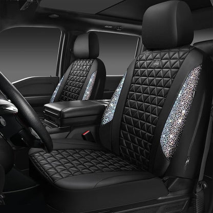 CAR PASS Bling Diamond Leather Car Seat Covers Full Seats Interior Sets, Waterproof Shining Glitter Sparkly Crystal Universal Armrest Automotive Truck SUV Cute Women Girl, Black Multicolor Rhinestone