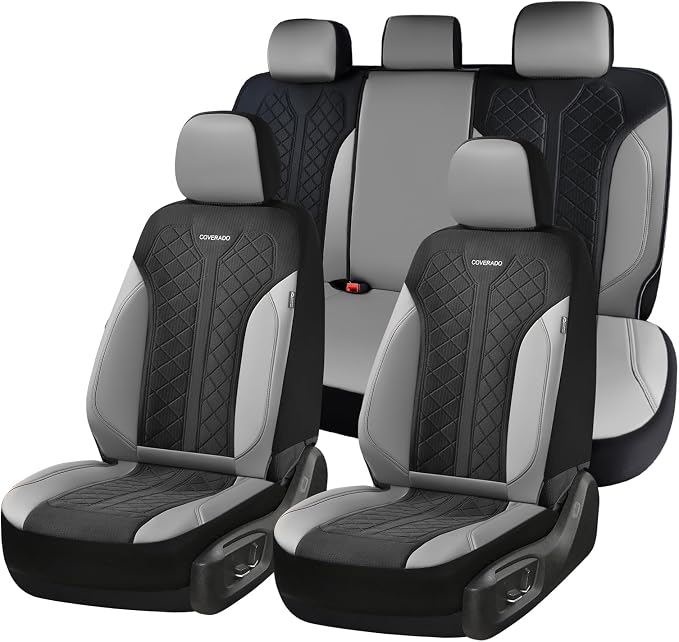 Coverado Automotive Seat Covers Full Set, Luxury Car Seat Covers, Leather Seat Covers, Mesh Design, Black Driver Seat Protectors, Universal Fit for SUVs, Trucks, Sedans