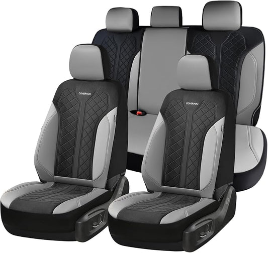 Coverado Automotive Seat Covers Full Set, Luxury Car Seat Covers, Leather Seat Covers, Mesh Design, Black Driver Seat Protectors, Universal Fit for SUVs, Trucks, Sedans