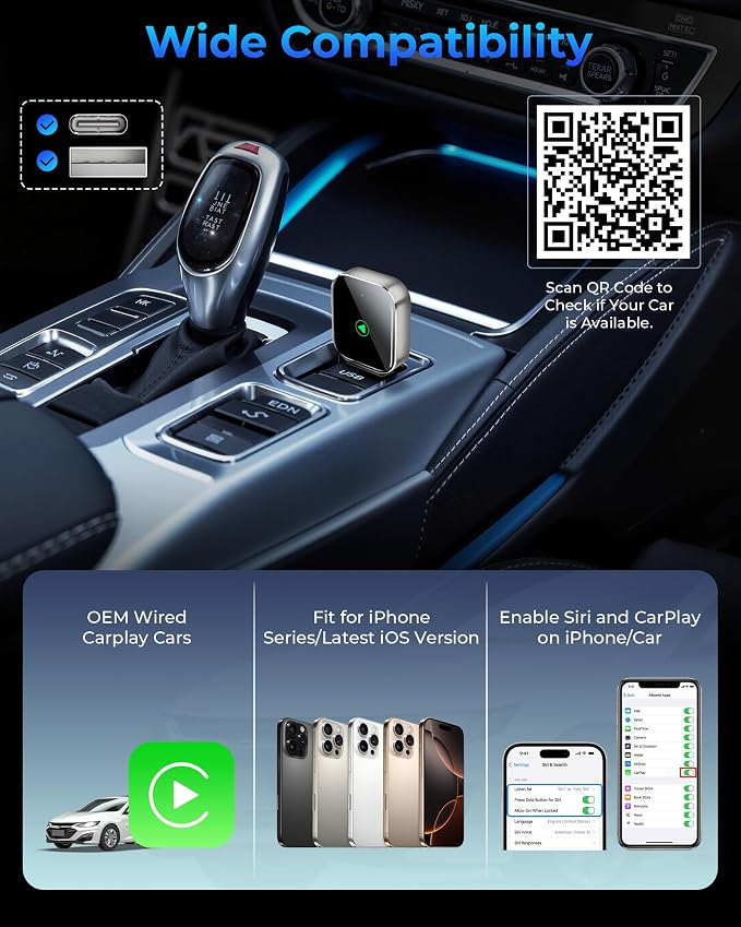 Mini CarPlay Wireless Adapter for Apple iPhone - Converts Wired to Wireless CarPlay Adapter, CarPlay Dongle Stick for Apple Wired CarPlay Cars & for iPhone iOS 10+, USB & Type-C, Plug & Play