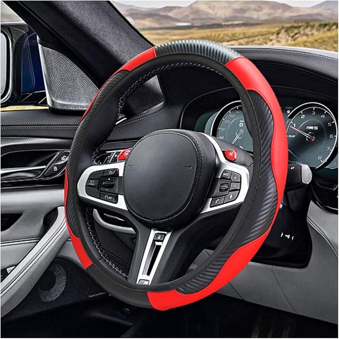 Car Steering Wheel Cover, 15 Inch Carbon Fiber Leather Elastic Steering Wheel Protector, Anti-Slip, Breathable & Soft Car Interior Accessories Universal for Most Cars, Men & Women (Red)