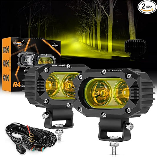Auxbeam LED Amber Fog Light, 4Inch 60W Led Driving Offroad Lights Pod Super Bright with Wiring Harness Kit Yellow Flood Beam Pod Light for Truck SUV ATV UTV Jeep Wrangler Motorcycle