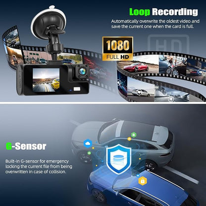 3 Channel Dash Cam Front and Rear Inside, 2.0'' 1080P Dash Camera for Cars, Dash cam Three Way Triple Car Camera with Super Night Vision,Wide Angle,Loop Recording, G-Sensor, 24 Hours Recording