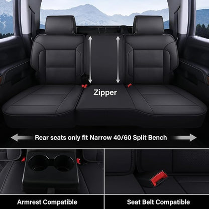 Coverado Chevy Silverado Seat Covers Full Set, Faux Leather Car Seat Covers Fit for 2014-2018 1500, 2015-2019 2500HD 3500HD Chevy Silverado GMC Sierra Crew Double Extended Cab (Black)