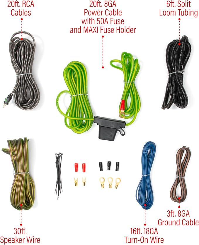 BOSS Audio Systems BP8K 8 Gauge Car Amplifier Installation Wiring Kit - A Car Amp Wire Kit Helps You Make Connections and Brings Power to Your Radio, Subwoofers and Speakers