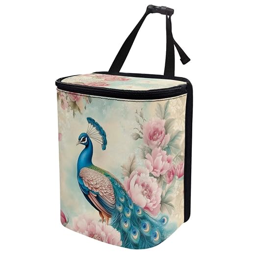 Talayituse Vintage Peacock Flower Print Car Trash Bin, Large Size Auto Trash Can Adjustable Portable Garbage Can with Lid, Vehicle Hanging Bag for Headrest Front Back Seat