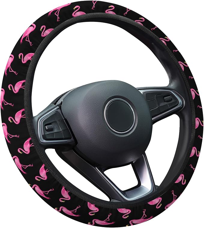 GENANY Pink Flamingo Steering Wheel Cover, Non Slip Polyester Car Wheel Protector for Car SUV Truck, Universal 15 Inch