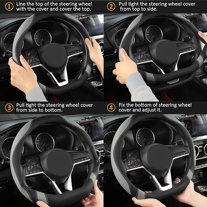 West Llama Flat Bottom Car Steering Wheel Cover for Nissan,D Shaped Steering Wheel Cover for Rogue,Altima,Kicks (Black+Gray-Standard Size)