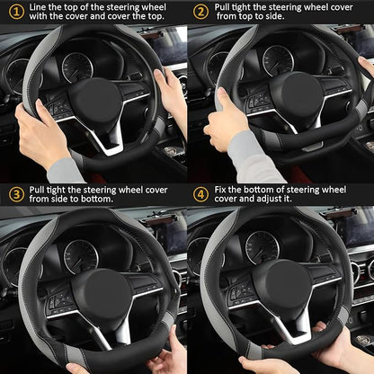 West Llama Flat Bottom Car Steering Wheel Cover for Nissan,D Shaped Steering Wheel Cover for Rogue,Altima,Kicks (Black+Gray-Standard Size)