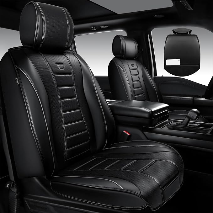 CAR PASS Universal Fit Piping Leather Seat Covers for Cars SUV Trucks, Waterproof Nappa Leather Car Seat Covers Full Set, 3D Foam Cushions Seat Cover Luxury&Comfort&Durable Airbag Compatible, Black