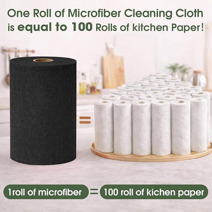 Microfiber Cleaning Cloth Roll - 100 Pack Tear Away Microfiber Paper Towels, Reusable, Washable, Scratch-Free, Kitchen Towels for Car, Home, Kitchen, Glass, Dishes (Black)