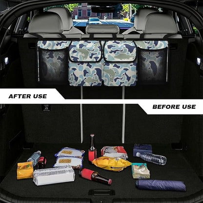 Fish Camouflage Hanging Car Organizer Waterproof Foldable Cars Interior Organizing Accessories 37" x 11.8" Large Capacity Car Organizers and Storage for Cars SUV Sedans