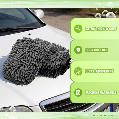 24 Pack Car Wash Mitt Bulk Microfiber, 10'' x 8'' Chenille Car Wash Mitt Gloves, Scratch Free Double Sided No Lint No Marks for Truck SUV and All Vehicle Surfaces (Grey)