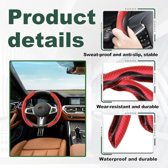 2pcs Carbon Fiber Anti-Skid Steering Wheel Cover, Anti-Skid Steering Wheel Cover/Segmented Steering Wheel Protector/Car Interior Accessories for Men/Women - Durable(Red)