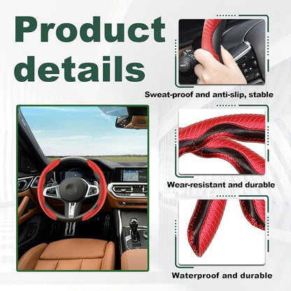 2pcs Carbon Fiber Anti-Skid Steering Wheel Cover, Anti-Skid Steering Wheel Cover/Segmented Steering Wheel Protector/Car Interior Accessories for Men/Women - Durable(Red)