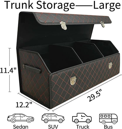 Car Trunk Organizer with Lid,Foldable Faux Leather Cargo Storage Box,3 Compartments,Collapsible Multi-Functional for SUV,Sedan,Vehicle Trunk