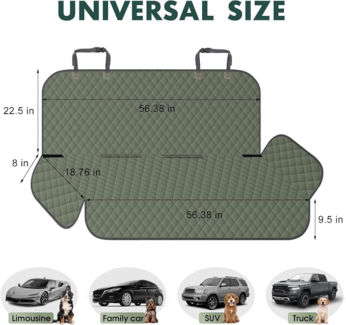 NECKORY Backseat Cover for Dogs, Waterproof and Non-Slip Pet Bench Seat Covers, Car Seat Protector for Back Seat, Universal Size Rear Car Seat Cover Fits Cars, Trucks and SUVs, L-Army Green&Grey