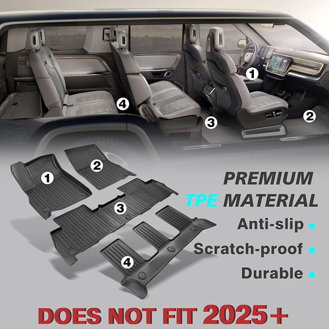 BestEvMod All Weather Floor Mats Compatible with Rivian R1S 2025 2026 Anti-Slip 3D Pattern TPE Heavy Duty Rubber Waterproof Non-Slip Floor Liner 1st & 2nd & 3rd Rows Set Gen 2 Accessories (2025+ R1S)