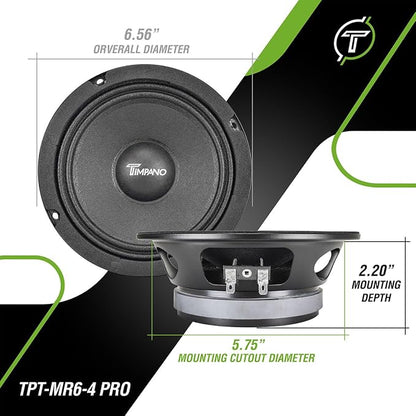 Timpano 6.5 Inch Shallow Midrange Speaker 500 Watts Max Power TPT-MR6-4 PRO, 6.5 Midrange Speakers 4 Ohm Shallow Mount Car Audio Speaker, Pro Audio Loudspeaker Compact for Doors (Single)