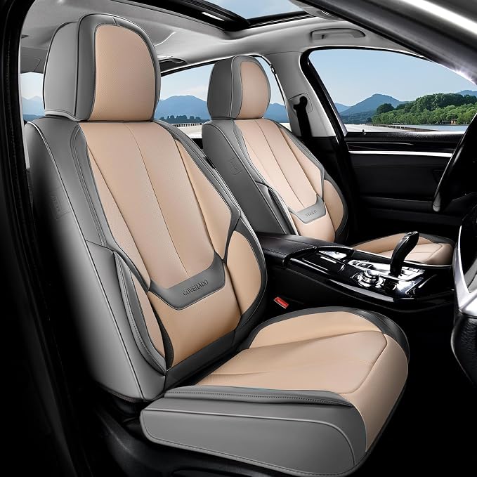 Coverado Seat Covers, Car Seat Covers Full Set, Leather Seat Covers for Cars, Car Seat Protector, Gray Car Seat Covers Front Seats and Back Seats Universal Fit for Most Cars Beige