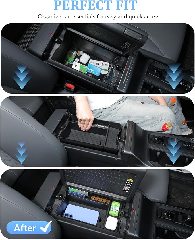Autorder 2PCS Center Console Organizer Tray for 2026 Toyota RV4 Interior Accessories - ABS Armrest Storage Box & Silicone Lower Center Console Tray - Black