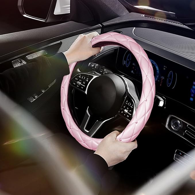SuperKaKa Pink Steering Wheel Cover 2026, Auto Cute Diamond Bling Comfort Leather Girly Car Interior Accessories Protector Sparkly Automotive Decoration for Women Girl Coquette