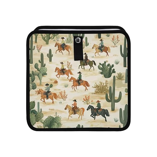 Car Trash Can Organizer Bin with Adjustable Strap for Back Front Seat Console Waterproof Leakproof Collapsible Portable 8.66 Inch Cute Cacti Desert Cowboys Horses