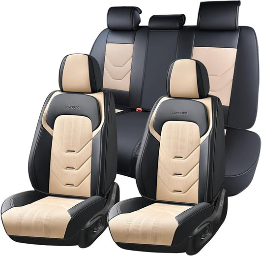 Coverado Car Seat Covers Full Set, Leather Seat Cover for Car, Front and Back Seat Covers, Black & Beige Car Seat Protector, Waterproof Car Seat Cushion Automotive Seat Cover Universal for Most Cars