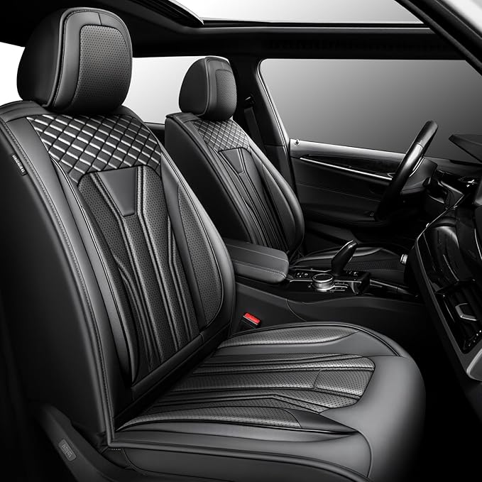 Fit Liberty Car Seat Covers for Jeep Liberty 2002-2011 2012 -Full Set Premium Leather, Waterproof & Breathable，All-Weather Seat Cushion Protecto & Airbag Compatible, 2 Front Seat All Black