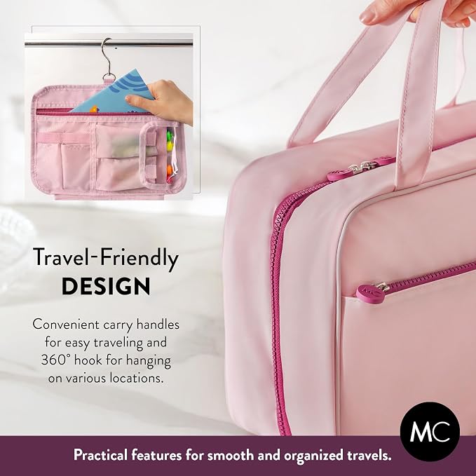 Kids Travel Organizer – Multi-Compartment, Water-Resistant Hanging Bag for Toys, Snacks, & Activities - Compact, Lightweight Design with Hook & Carry Handle - Perfect for Travel Use (Pink, Large)