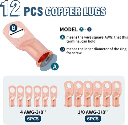 Battery Cable Lug Crimping Tool for AWG 8, 6, 4, 2, 1, 1/0 Gauge Electrical Lug, with 1/0 AWG-3/8” and 4 AWG-3/8” Copper Wire Lugs, 12PCS 3:1 Heat Shrink Tubing