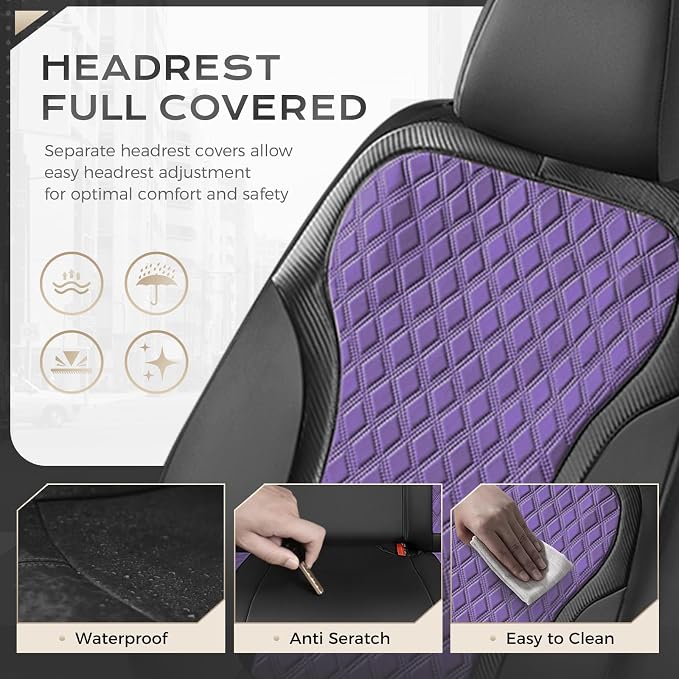 Coverado Car Seat Cover 5 Seats, Leather Seat Covers Full Set, Durable Waterproof Car Seat Protectors, Black and Purple Seat Cover, Spill-Proof Automotive Seat Covers Universal Fit for Most Cars